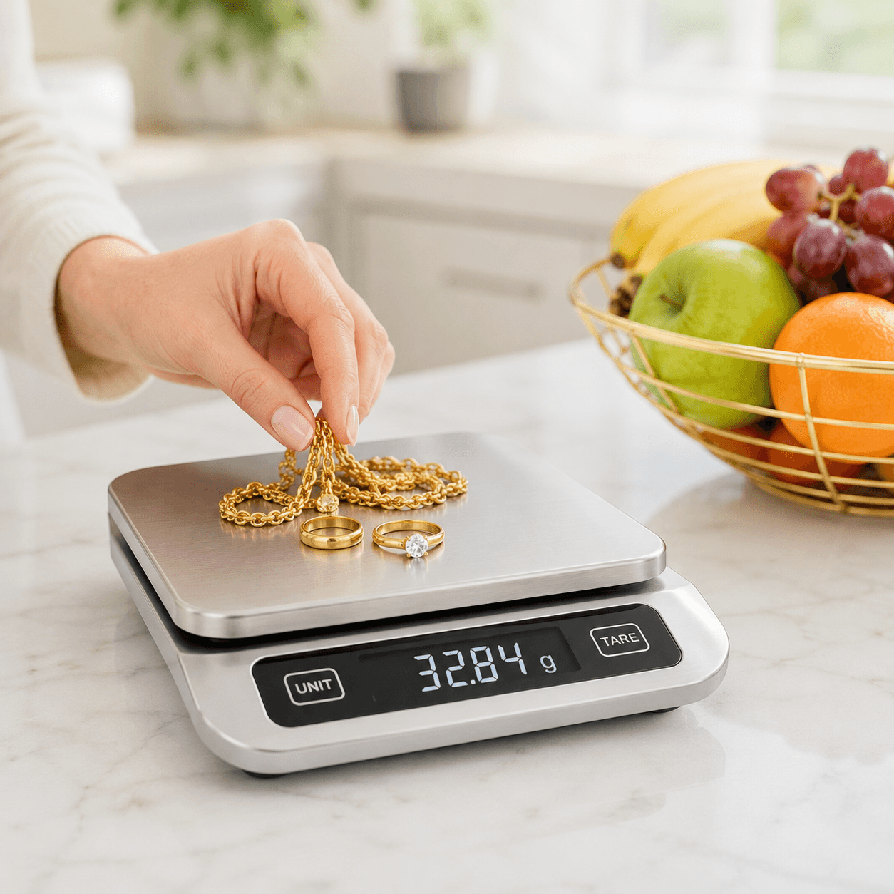 A gold chain and ring being weighed on a kitchen food scale