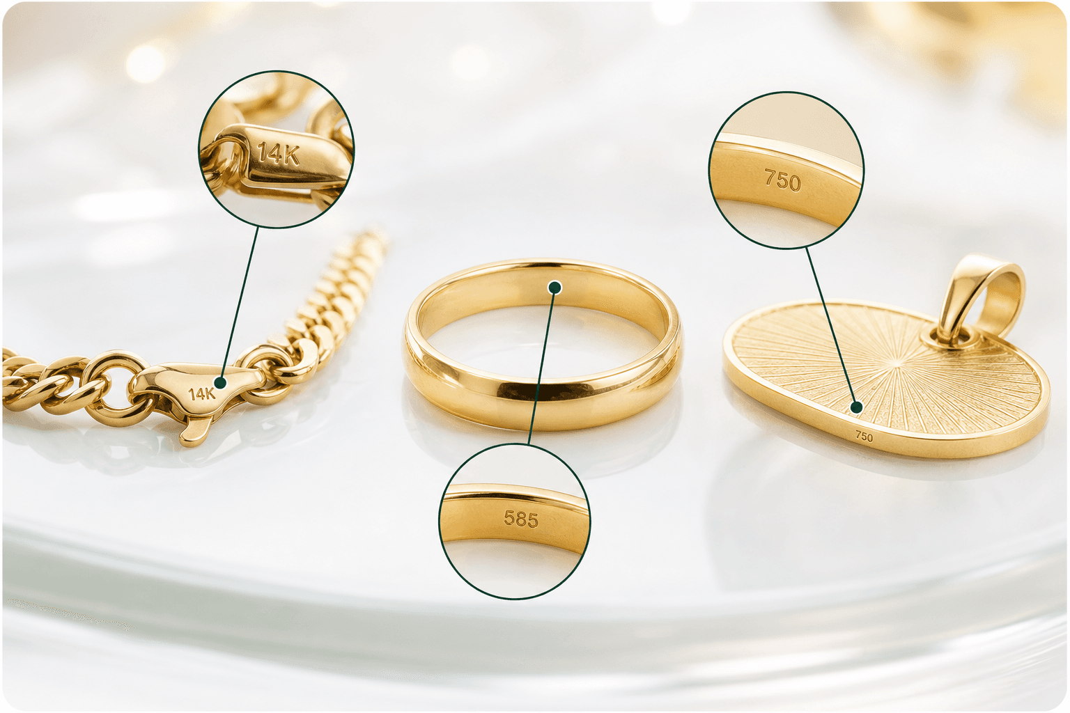 Examples of gold stamps on a chain clasp, inside a ring, and on a pendant
