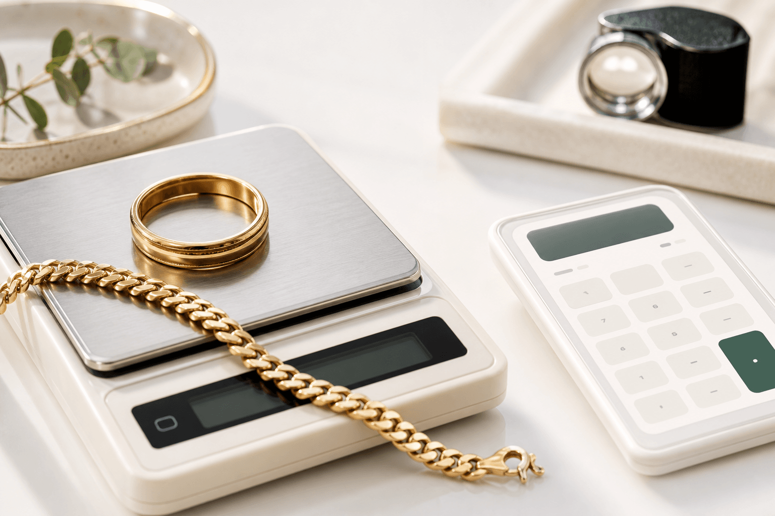 14K gold jewelry near a jewelry scale and simple calculator on a white surface