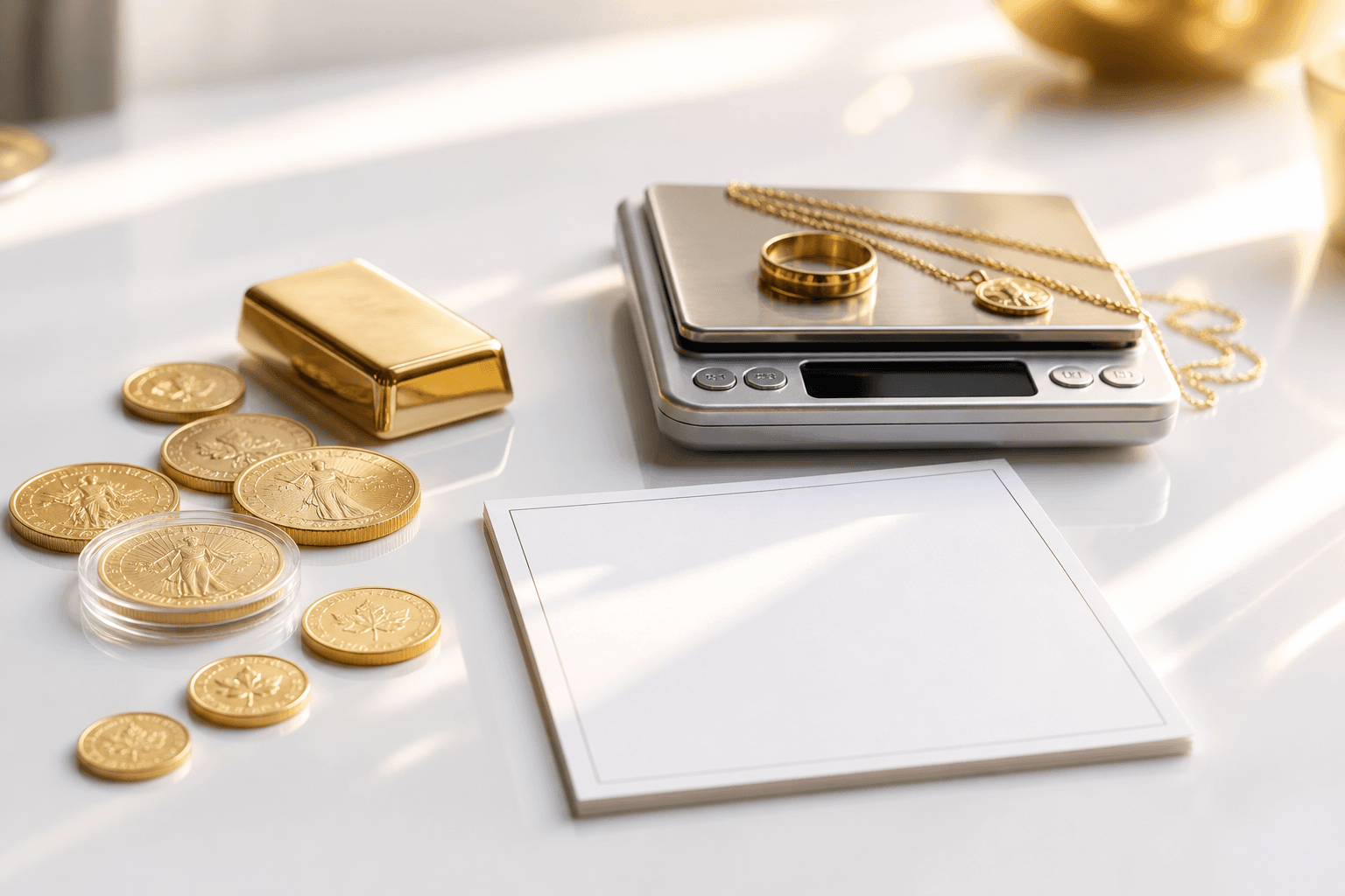 Gold coins and bullion arranged with a clean scale and blank estimate paper on a white glass surface