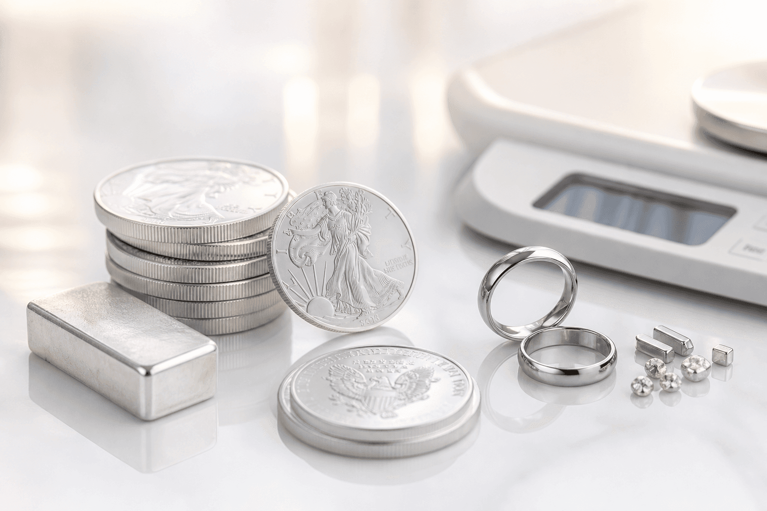 Silver rounds, a silver bar, and platinum pieces arranged on a clean editorial glass surface