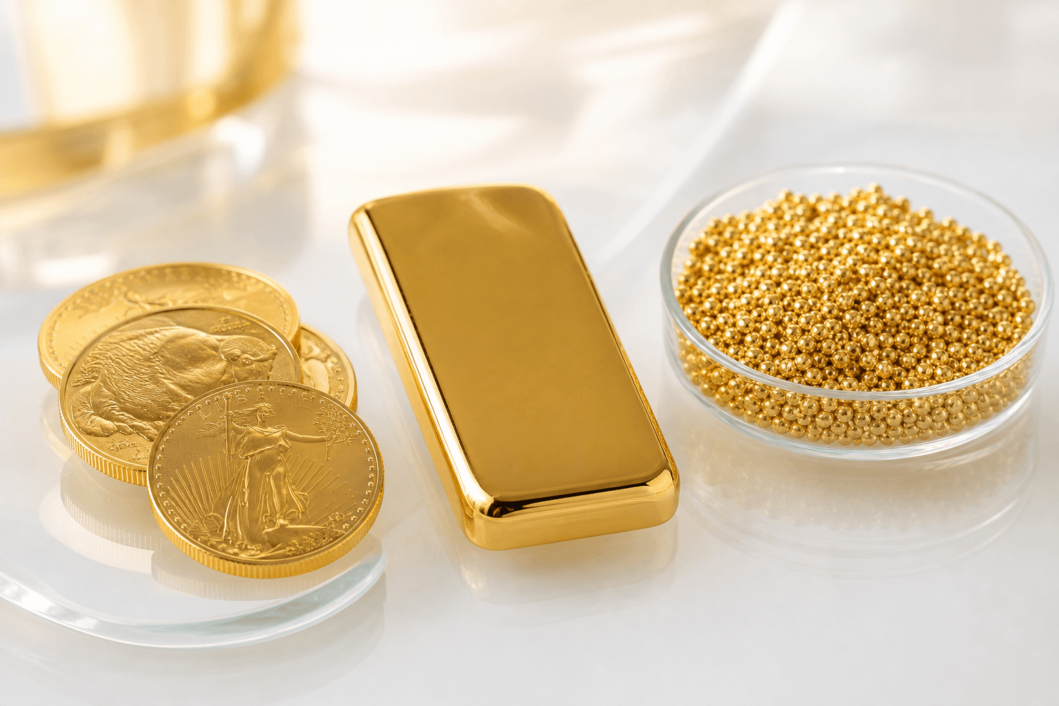 Gold coins, a bullion bar, and gold beads in a glass dish on a premium white surface