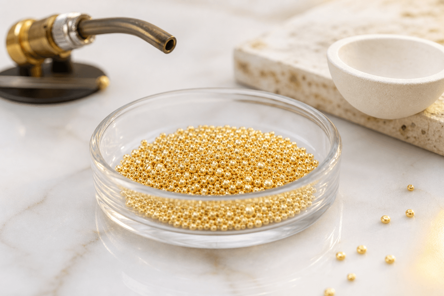 Macro editorial image of gold casting grain in a glass dish with jewelry-making tools nearby