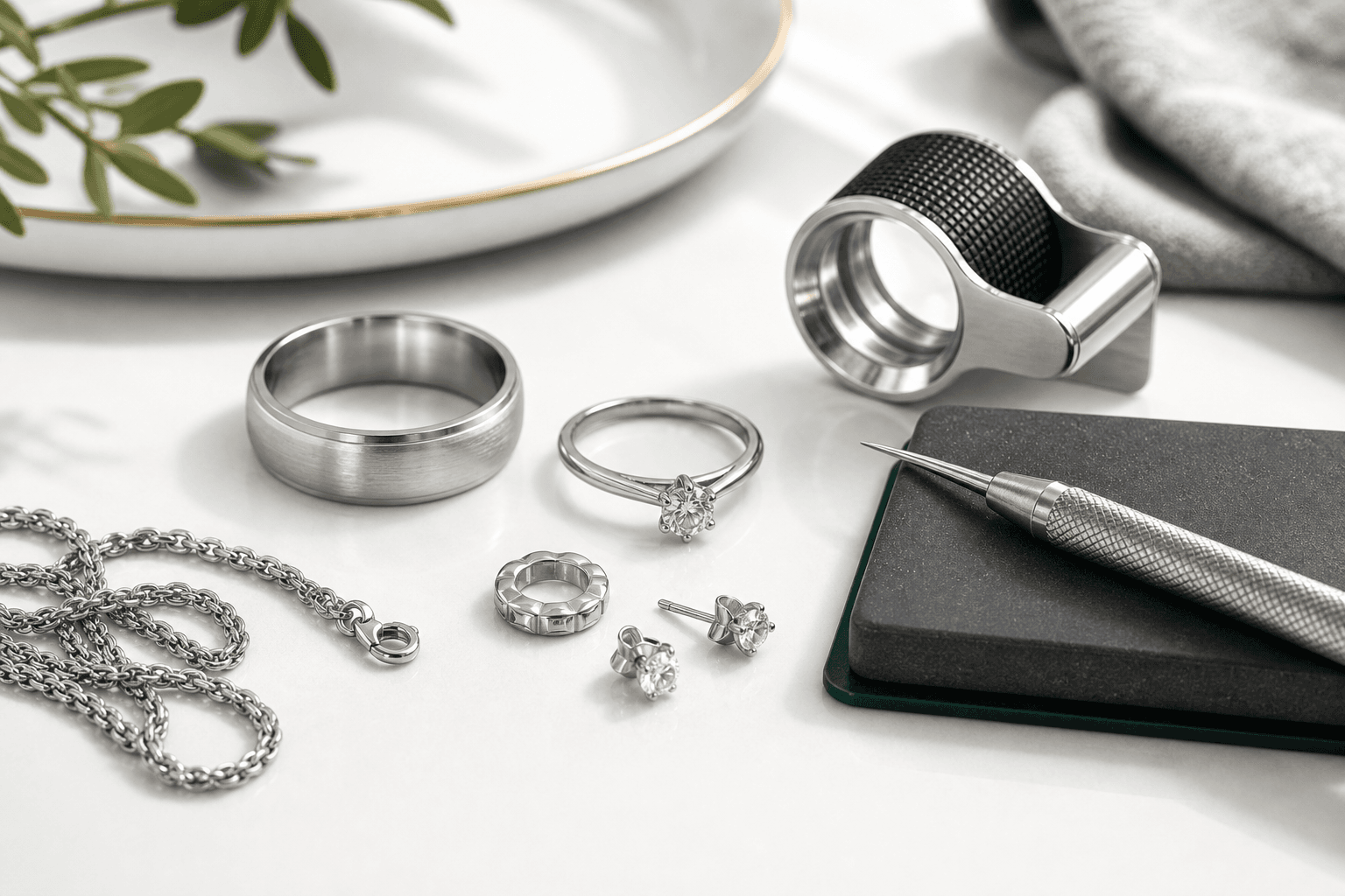 Platinum rings and jewelry pieces arranged with a professional testing tool on a white surface