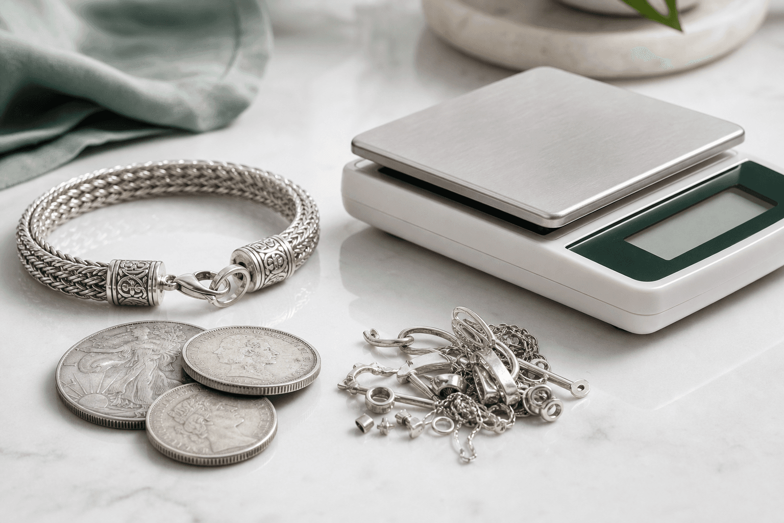 Sterling silver jewelry, silver coins, and small silver scrap pieces arranged on a white surface