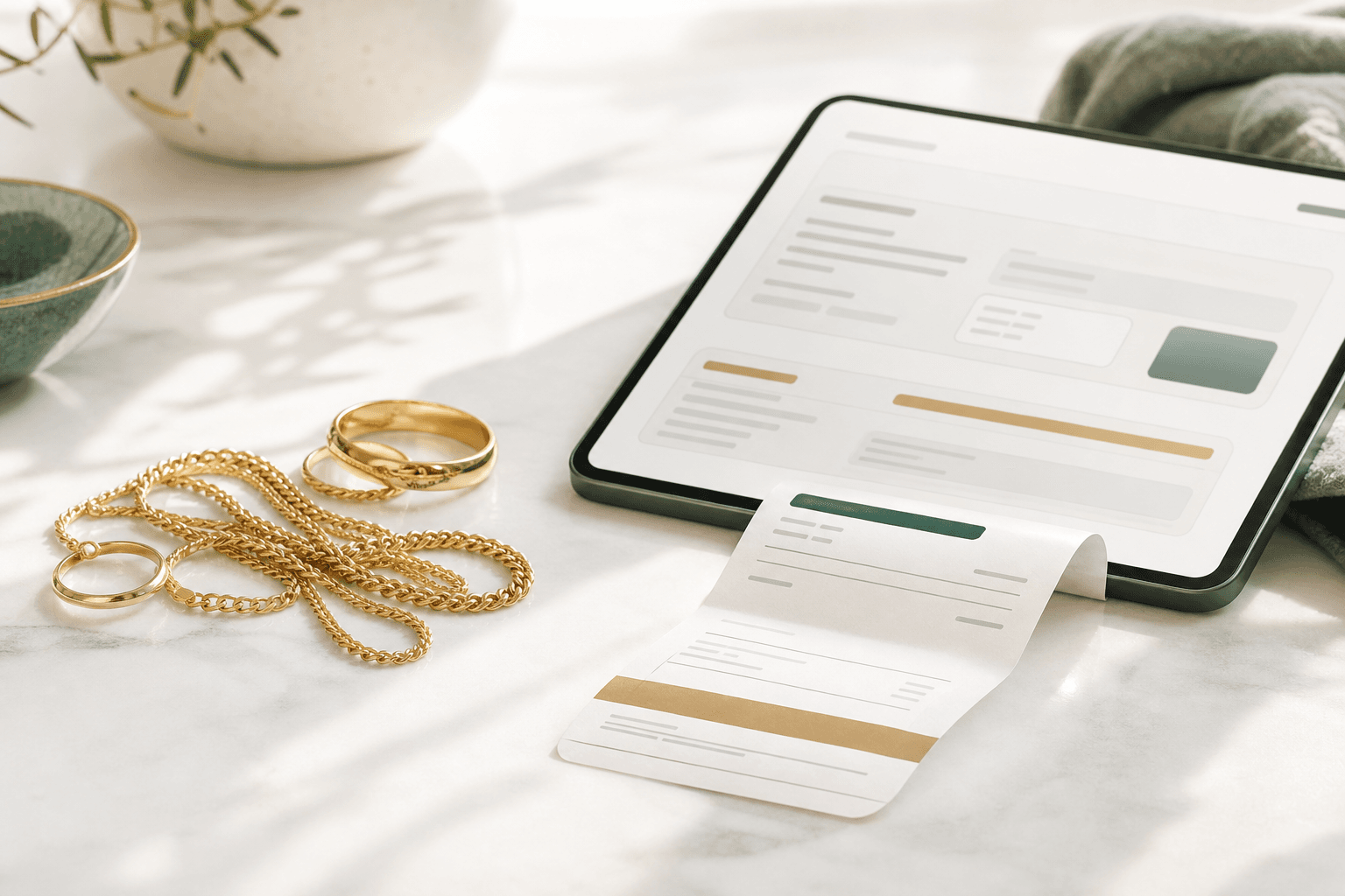 Gold jewelry beside a calculator and clean estimate receipt on a white surface
