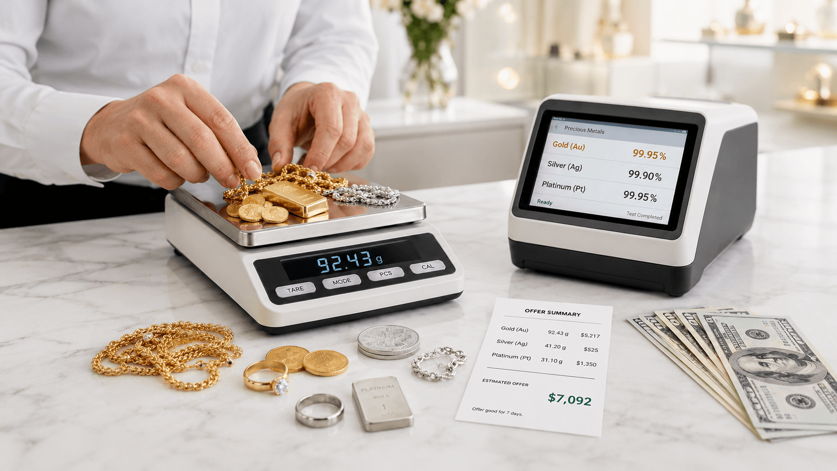 Hands placing gold on a calibrated scale next to an XRF purity tester, an offer summary, and cash on a marble counter