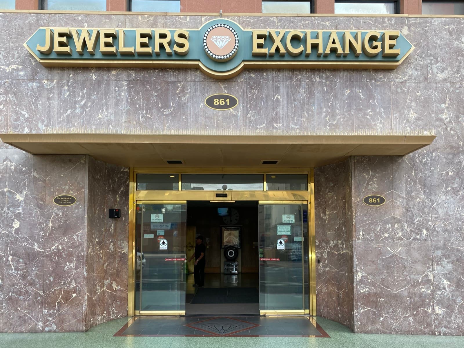 The Jewelers Exchange building entrance at 861 Sixth Avenue in San Diego's Gaslamp Quarter